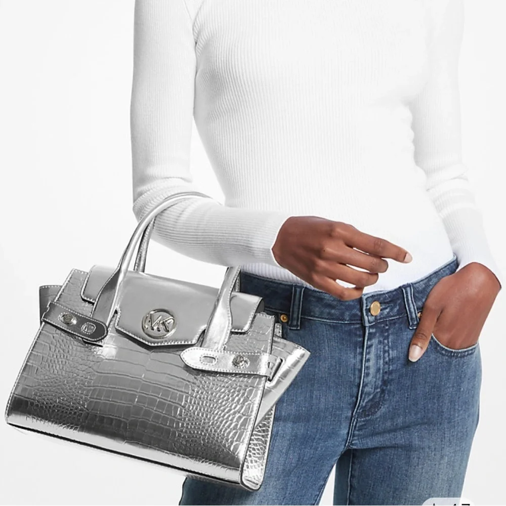 Carmen Medium Metallic Crocodile Embossed Belted Satchel